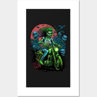 Zombie Girl riding a motorcycle Posters and Art